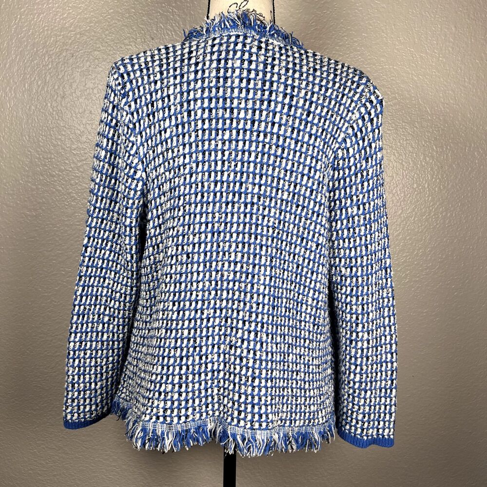 Kasper Womens L Blue White Black Waffle Knit Fringe Open Front Cardigan Jacket - Picture 2 of 11